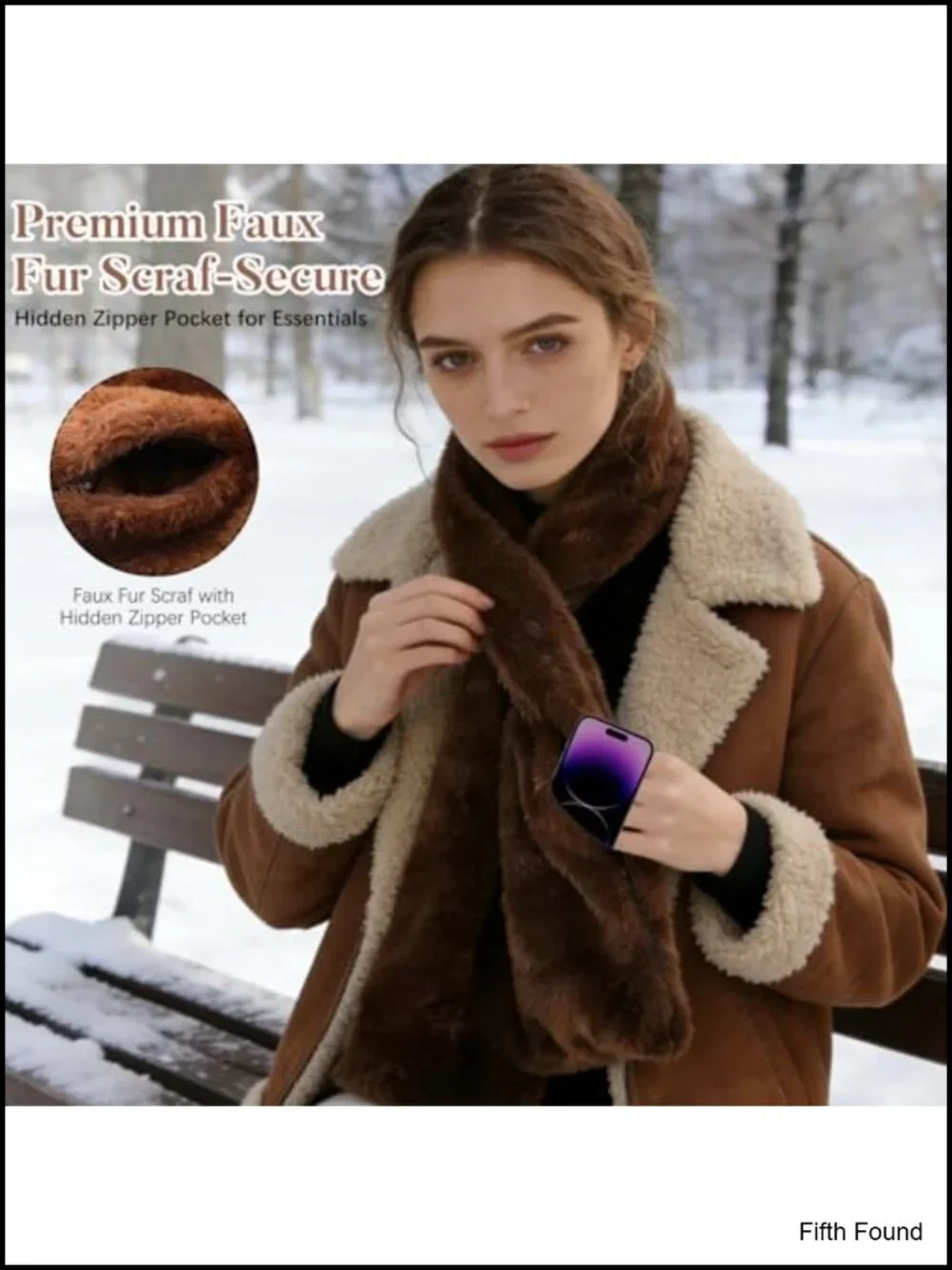 Faux Fur Pull Through Scarf Hidden Zipper Pocket Cozy Winter Wrap